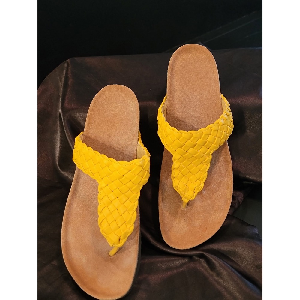 Yellow Braided T-Strap Thong Sandals Cork Wedge Platform Slides Womens Size 40